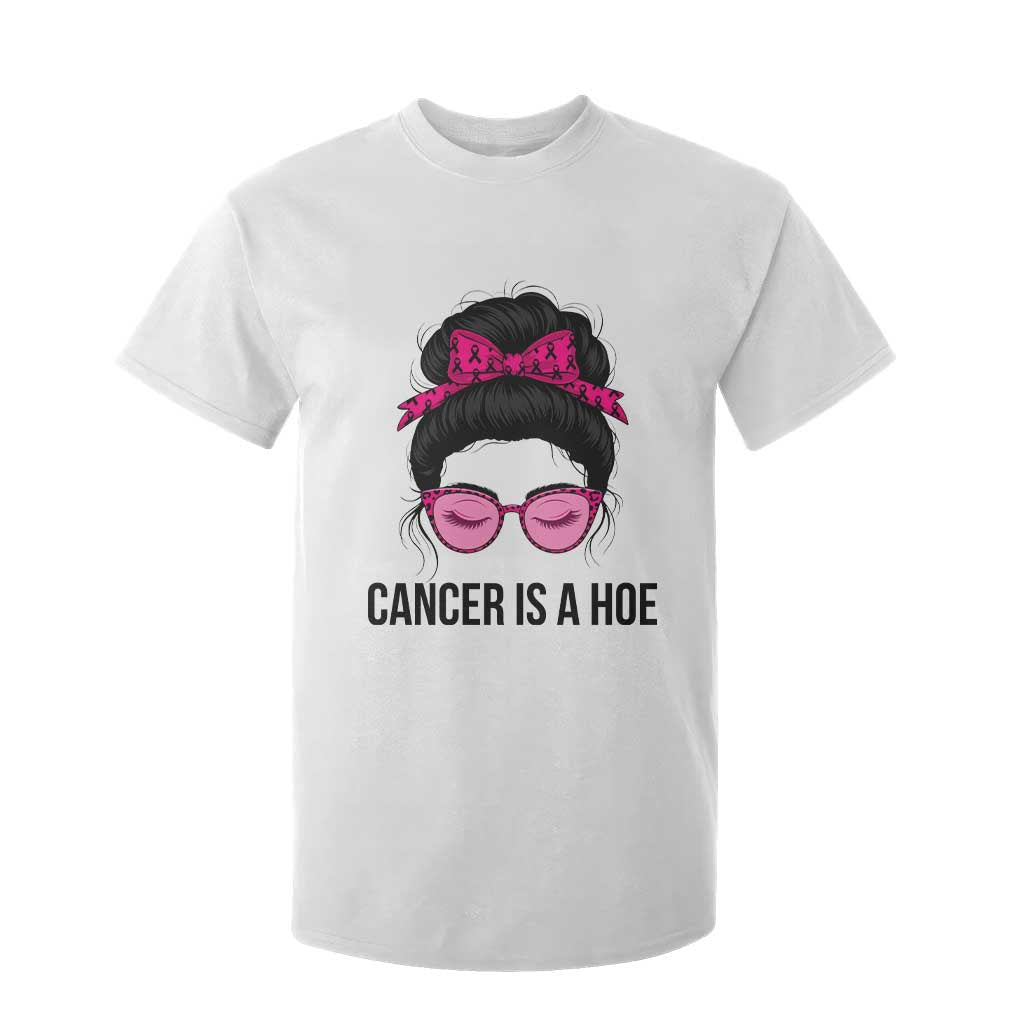 Cancer Is A Hoe Pink Messy Bun Leopard Sunglasses Graphic T Shirt For Kid Funny Breast Cancer Warrior Support
