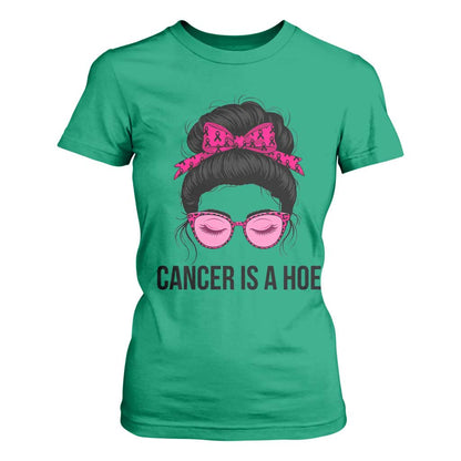 Cancer Is A Hoe Pink Messy Bun Leopard Sunglasses Graphic T Shirt For Women Funny Breast Cancer Warrior Support