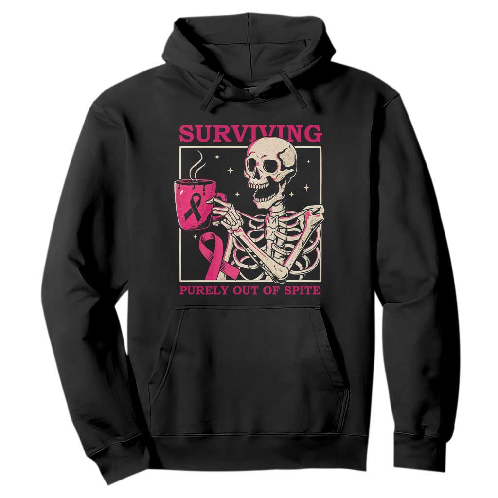 Funny Breast Cancer Skeleton Drinking Coffee Hoodie Surviving Purely Out Of Spite Pink Ribbon Warrior