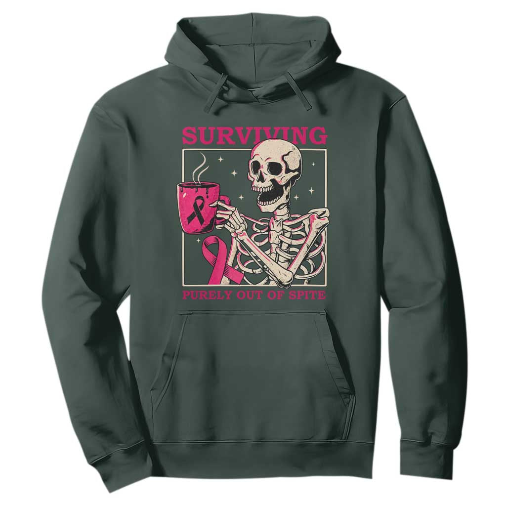 Funny Breast Cancer Skeleton Drinking Coffee Hoodie Surviving Purely Out Of Spite Pink Ribbon Warrior