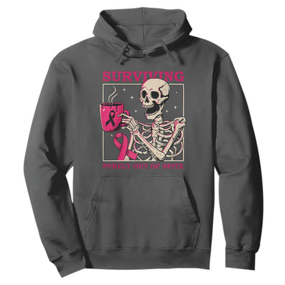 Funny Breast Cancer Skeleton Drinking Coffee Hoodie Surviving Purely Out Of Spite Pink Ribbon Warrior