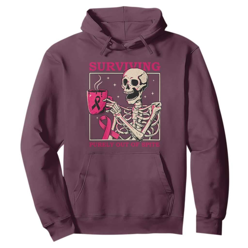 Funny Breast Cancer Skeleton Drinking Coffee Hoodie Surviving Purely Out Of Spite Pink Ribbon Warrior
