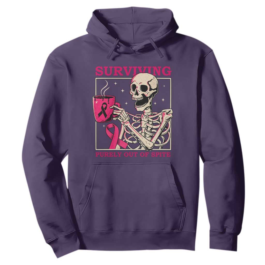 Funny Breast Cancer Skeleton Drinking Coffee Hoodie Surviving Purely Out Of Spite Pink Ribbon Warrior