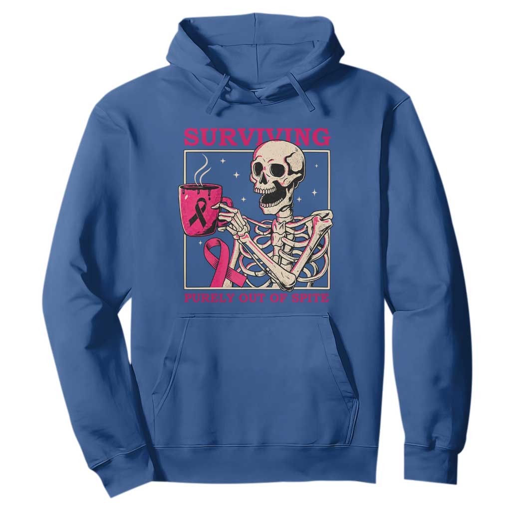 Funny Breast Cancer Skeleton Drinking Coffee Hoodie Surviving Purely Out Of Spite Pink Ribbon Warrior