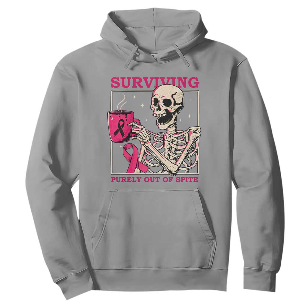 Funny Breast Cancer Skeleton Drinking Coffee Hoodie Surviving Purely Out Of Spite Pink Ribbon Warrior