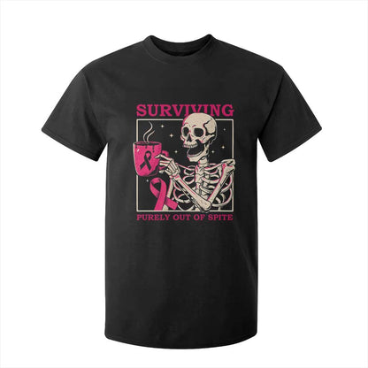 Funny Breast Cancer Skeleton Drinking Coffee T Shirt For Kid Surviving Purely Out Of Spite Pink Ribbon Warrior