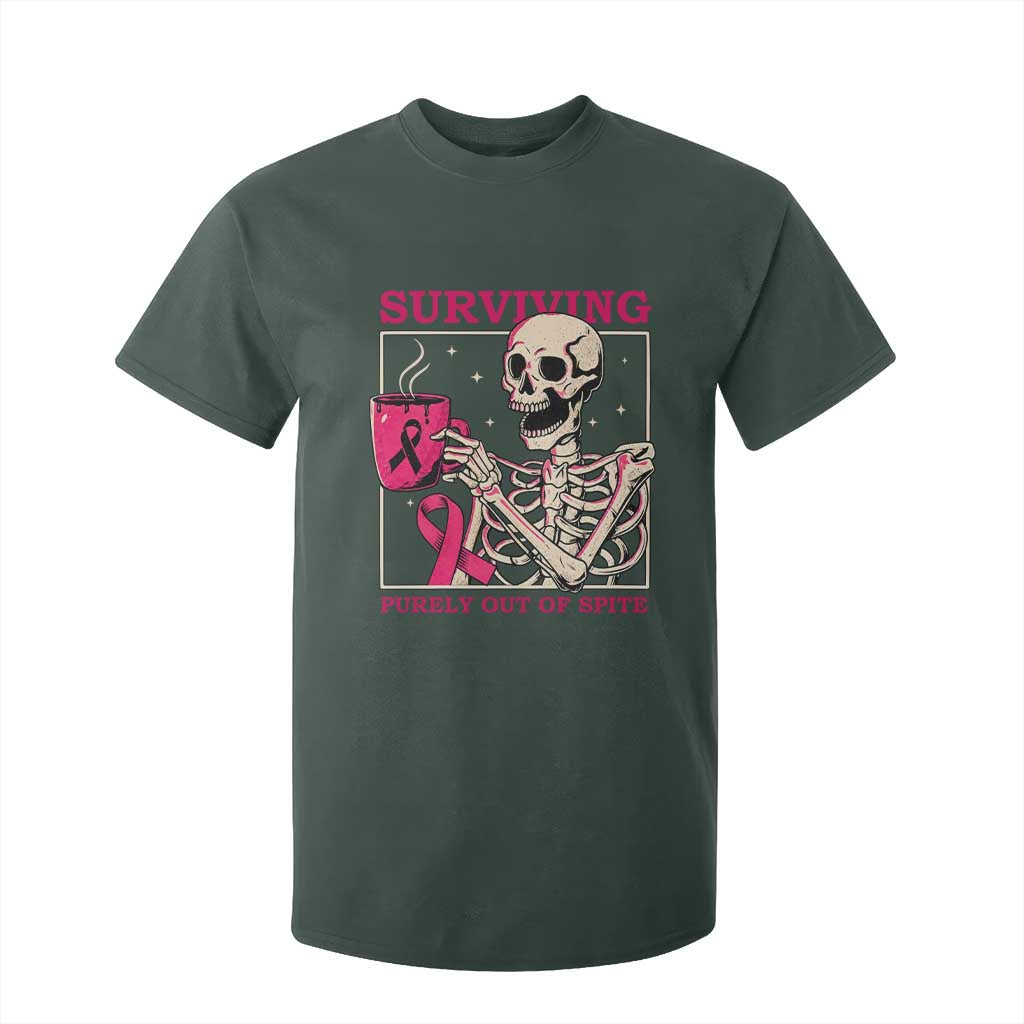 Funny Breast Cancer Skeleton Drinking Coffee T Shirt For Kid Surviving Purely Out Of Spite Pink Ribbon Warrior
