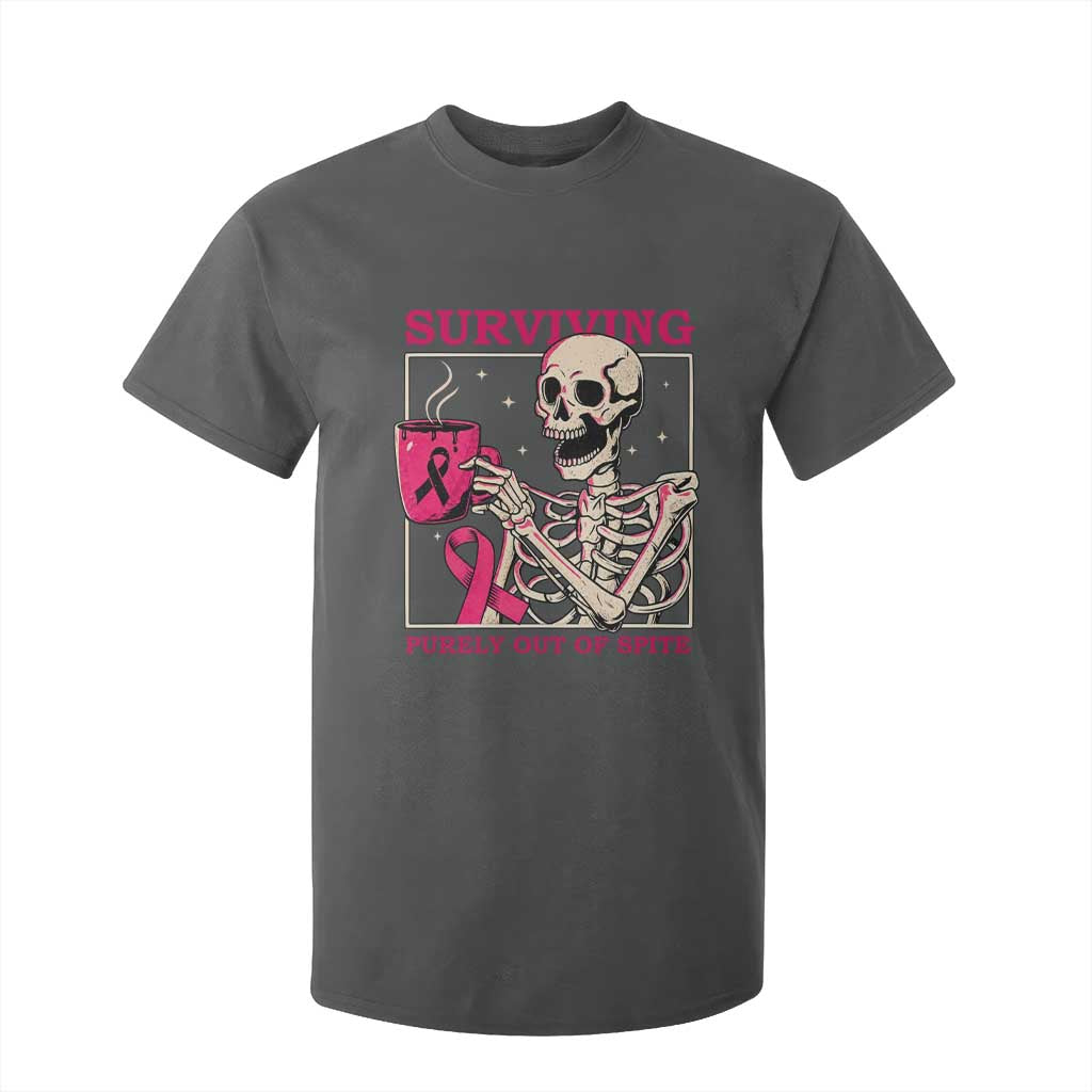 Funny Breast Cancer Skeleton Drinking Coffee T Shirt For Kid Surviving Purely Out Of Spite Pink Ribbon Warrior