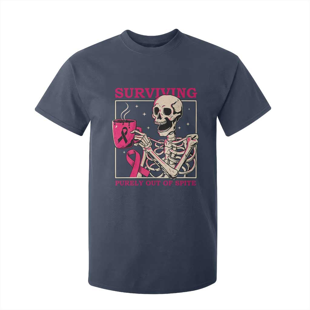 Funny Breast Cancer Skeleton Drinking Coffee T Shirt For Kid Surviving Purely Out Of Spite Pink Ribbon Warrior