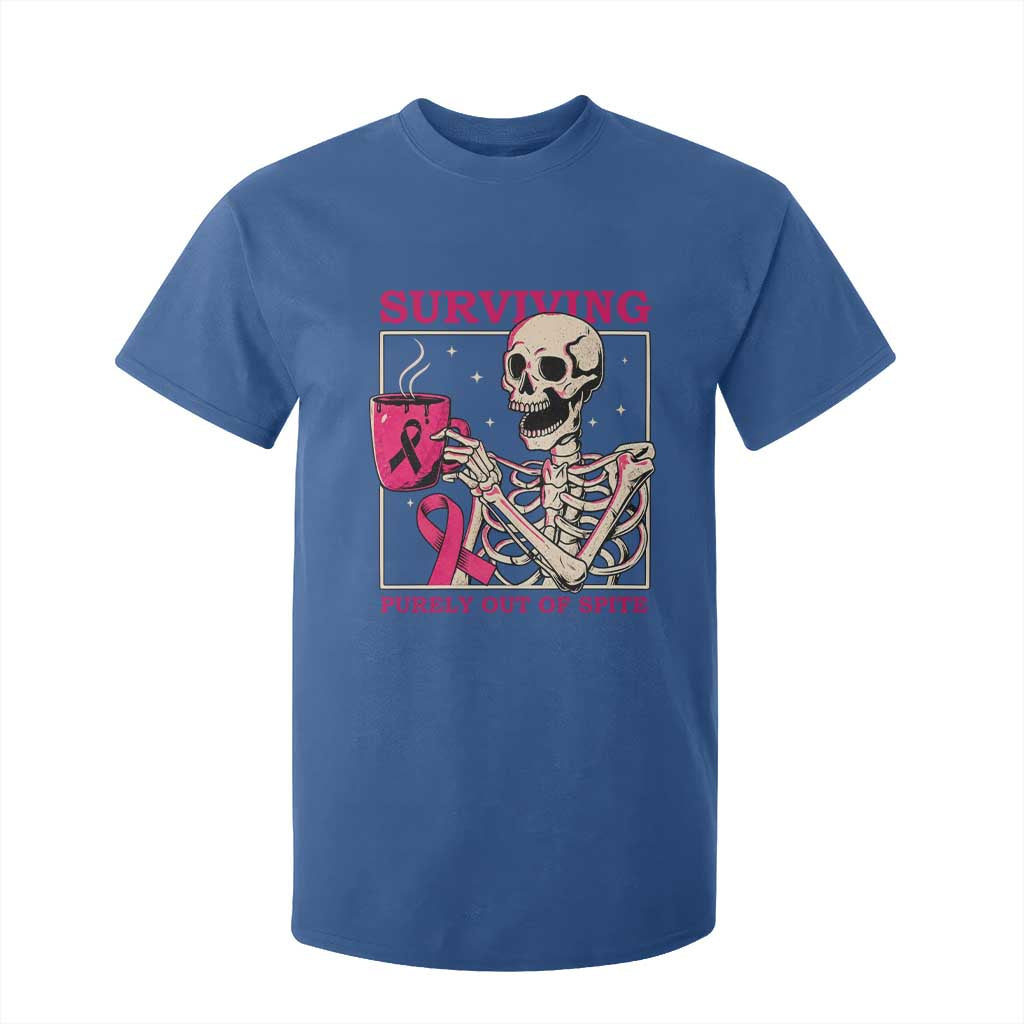 Funny Breast Cancer Skeleton Drinking Coffee T Shirt For Kid Surviving Purely Out Of Spite Pink Ribbon Warrior