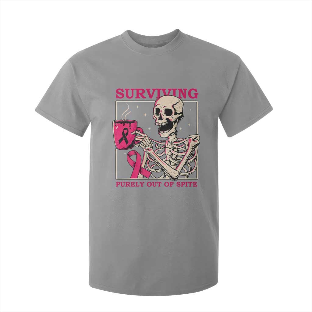 Funny Breast Cancer Skeleton Drinking Coffee T Shirt For Kid Surviving Purely Out Of Spite Pink Ribbon Warrior
