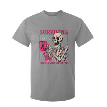 Funny Breast Cancer Skeleton Drinking Coffee T Shirt For Kid Surviving Purely Out Of Spite Pink Ribbon Warrior