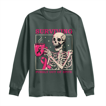 Funny Breast Cancer Skeleton Drinking Coffee Long Sleeve Shirt Surviving Purely Out Of Spite Pink Ribbon Warrior