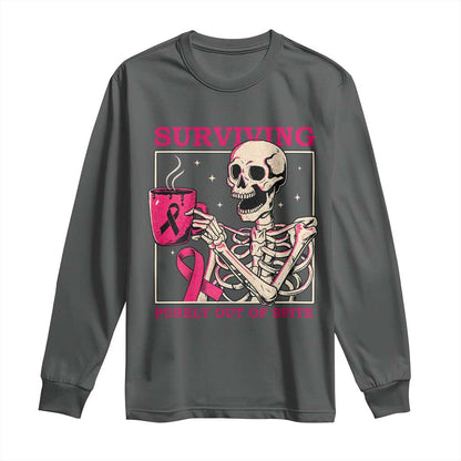 Funny Breast Cancer Skeleton Drinking Coffee Long Sleeve Shirt Surviving Purely Out Of Spite Pink Ribbon Warrior