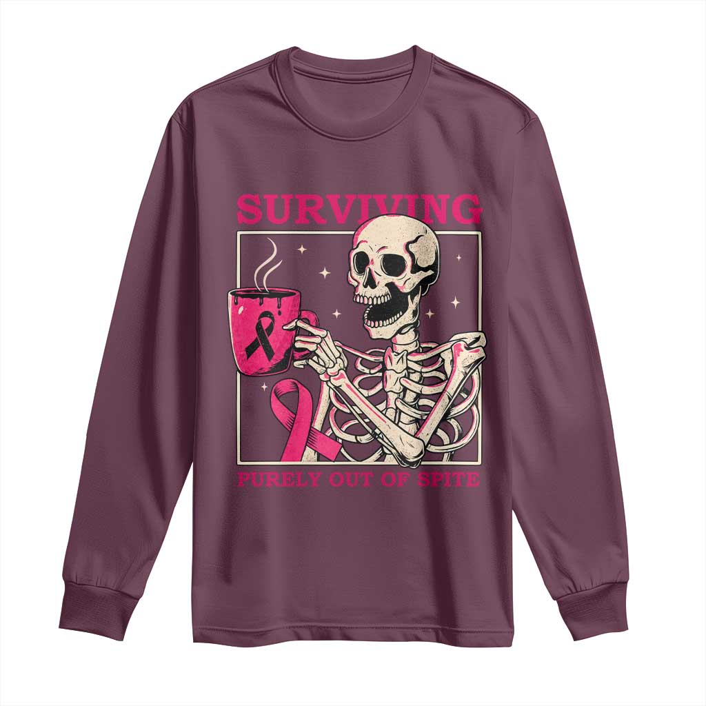 Funny Breast Cancer Skeleton Drinking Coffee Long Sleeve Shirt Surviving Purely Out Of Spite Pink Ribbon Warrior