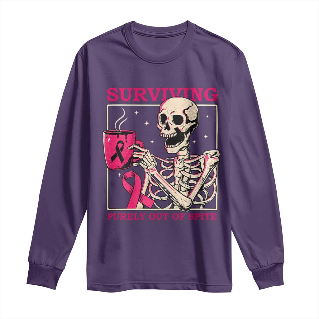 Funny Breast Cancer Skeleton Drinking Coffee Long Sleeve Shirt Surviving Purely Out Of Spite Pink Ribbon Warrior