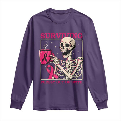 Funny Breast Cancer Skeleton Drinking Coffee Long Sleeve Shirt Surviving Purely Out Of Spite Pink Ribbon Warrior
