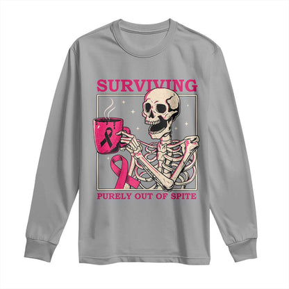 Funny Breast Cancer Skeleton Drinking Coffee Long Sleeve Shirt Surviving Purely Out Of Spite Pink Ribbon Warrior