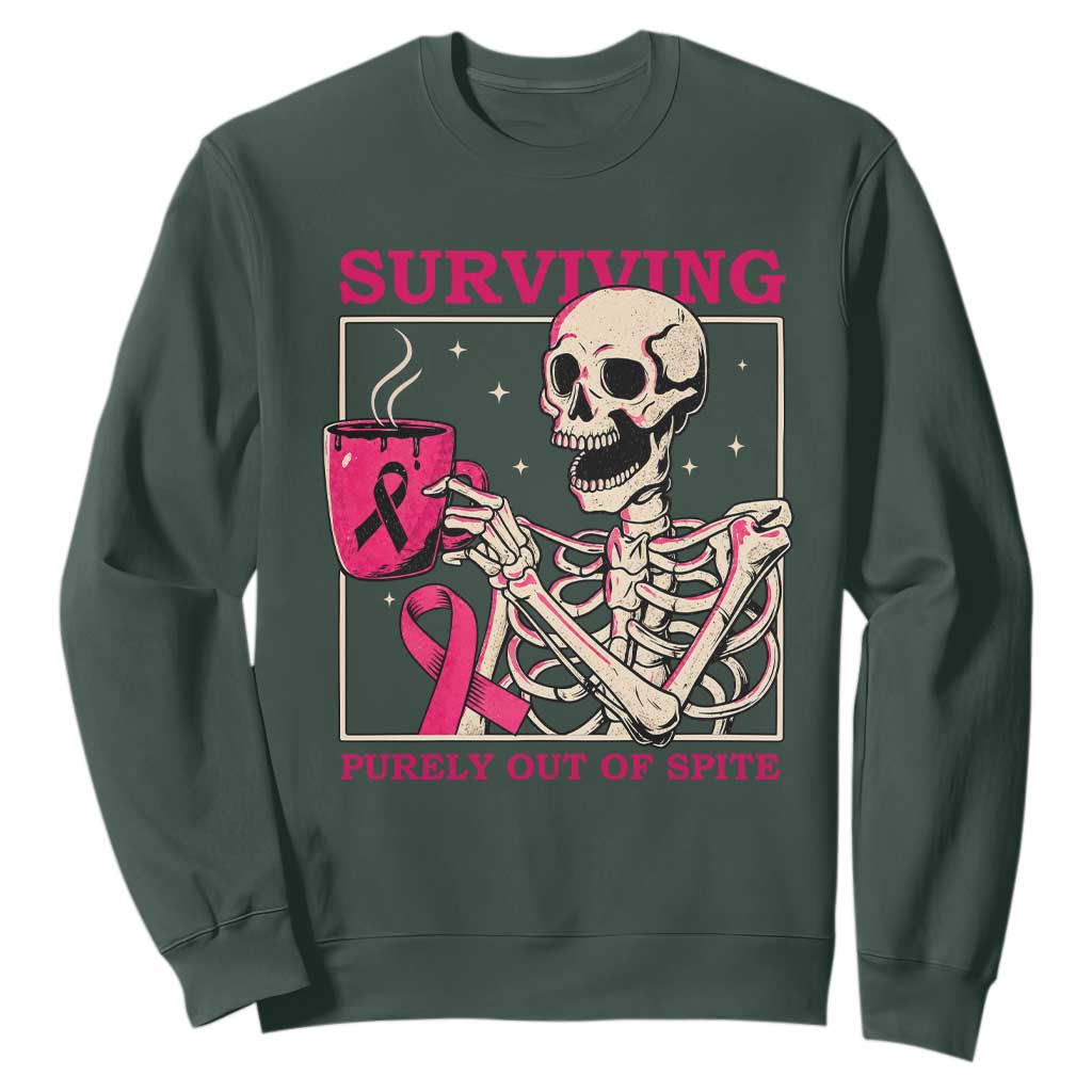 Funny Breast Cancer Skeleton Drinking Coffee Sweatshirt Surviving Purely Out Of Spite Pink Ribbon Warrior