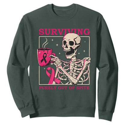 Funny Breast Cancer Skeleton Drinking Coffee Sweatshirt Surviving Purely Out Of Spite Pink Ribbon Warrior