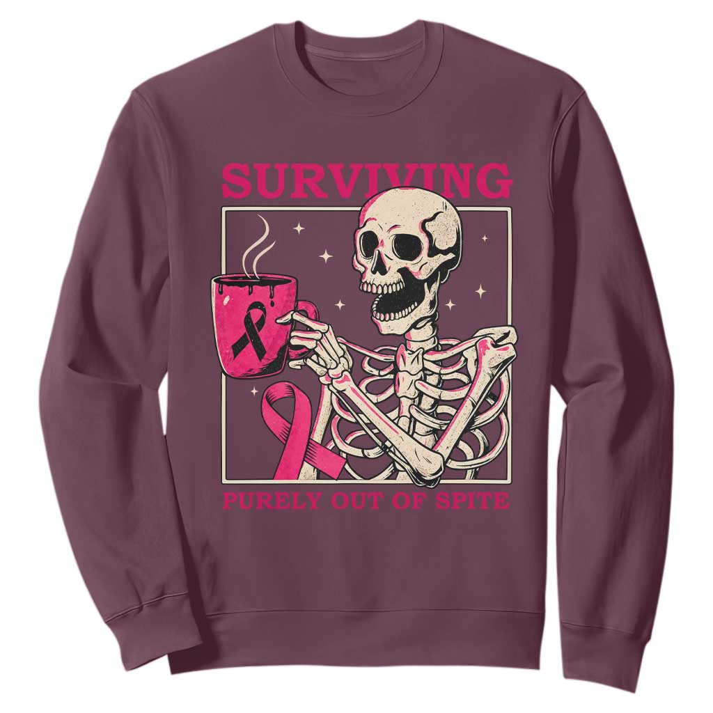 Funny Breast Cancer Skeleton Drinking Coffee Sweatshirt Surviving Purely Out Of Spite Pink Ribbon Warrior