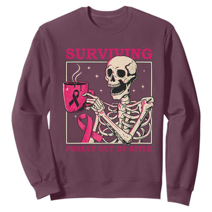Funny Breast Cancer Skeleton Drinking Coffee Sweatshirt Surviving Purely Out Of Spite Pink Ribbon Warrior