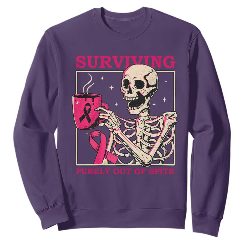 Funny Breast Cancer Skeleton Drinking Coffee Sweatshirt Surviving Purely Out Of Spite Pink Ribbon Warrior