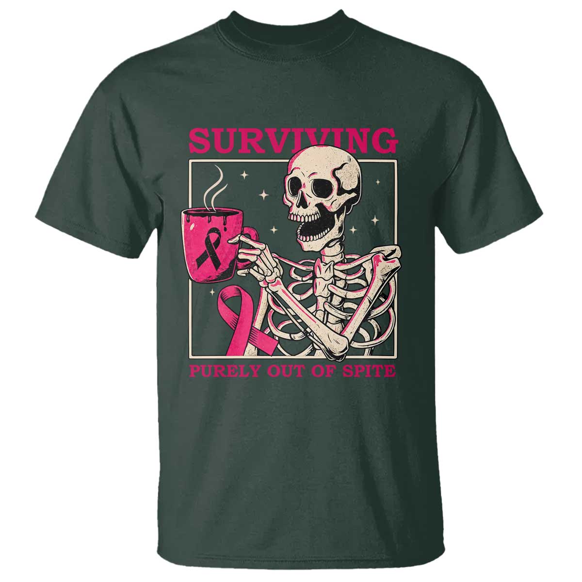 Funny Breast Cancer Skeleton Drinking Coffee T Shirt Surviving Purely Out Of Spite Pink Ribbon Warrior