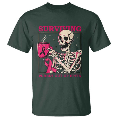 Funny Breast Cancer Skeleton Drinking Coffee T Shirt Surviving Purely Out Of Spite Pink Ribbon Warrior