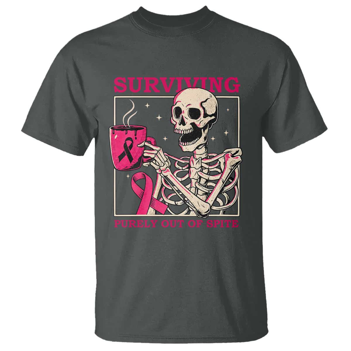 Funny Breast Cancer Skeleton Drinking Coffee T Shirt Surviving Purely Out Of Spite Pink Ribbon Warrior