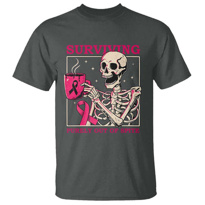 Funny Breast Cancer Skeleton Drinking Coffee T Shirt Surviving Purely Out Of Spite Pink Ribbon Warrior