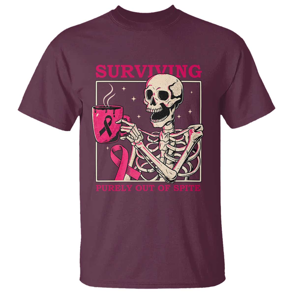 Funny Breast Cancer Skeleton Drinking Coffee T Shirt Surviving Purely Out Of Spite Pink Ribbon Warrior