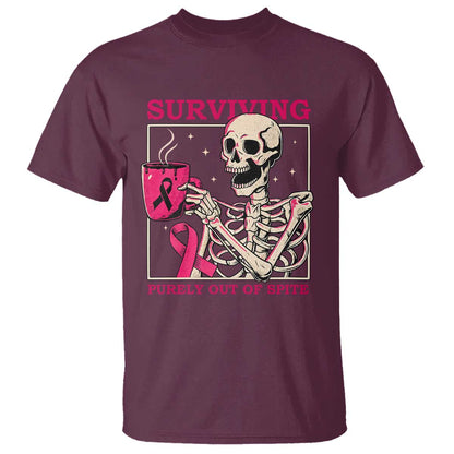 Funny Breast Cancer Skeleton Drinking Coffee T Shirt Surviving Purely Out Of Spite Pink Ribbon Warrior