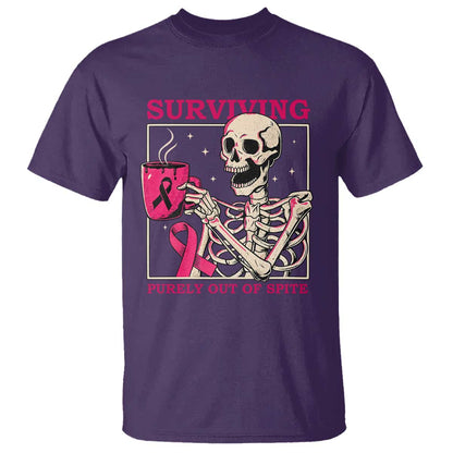 Funny Breast Cancer Skeleton Drinking Coffee T Shirt Surviving Purely Out Of Spite Pink Ribbon Warrior