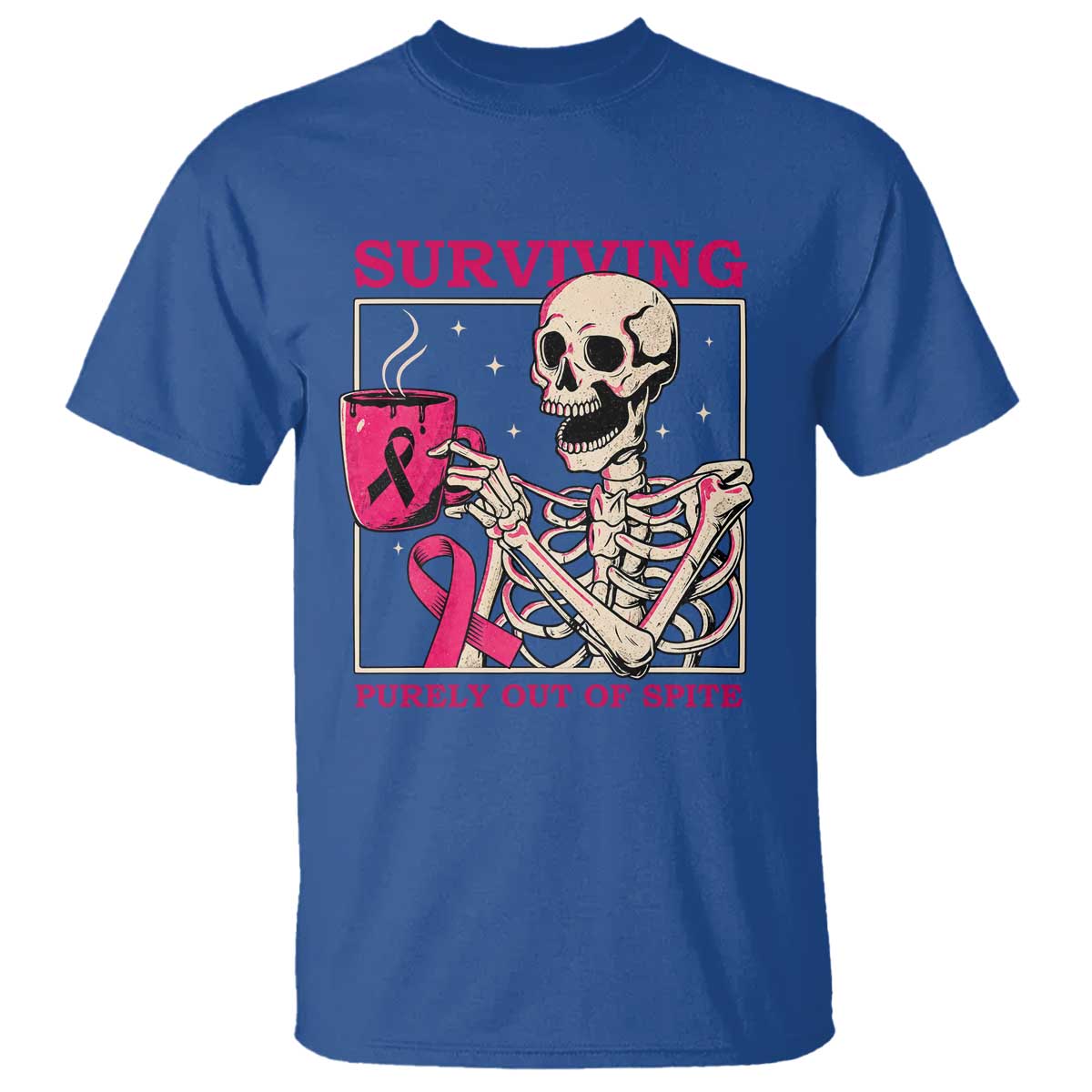 Funny Breast Cancer Skeleton Drinking Coffee T Shirt Surviving Purely Out Of Spite Pink Ribbon Warrior