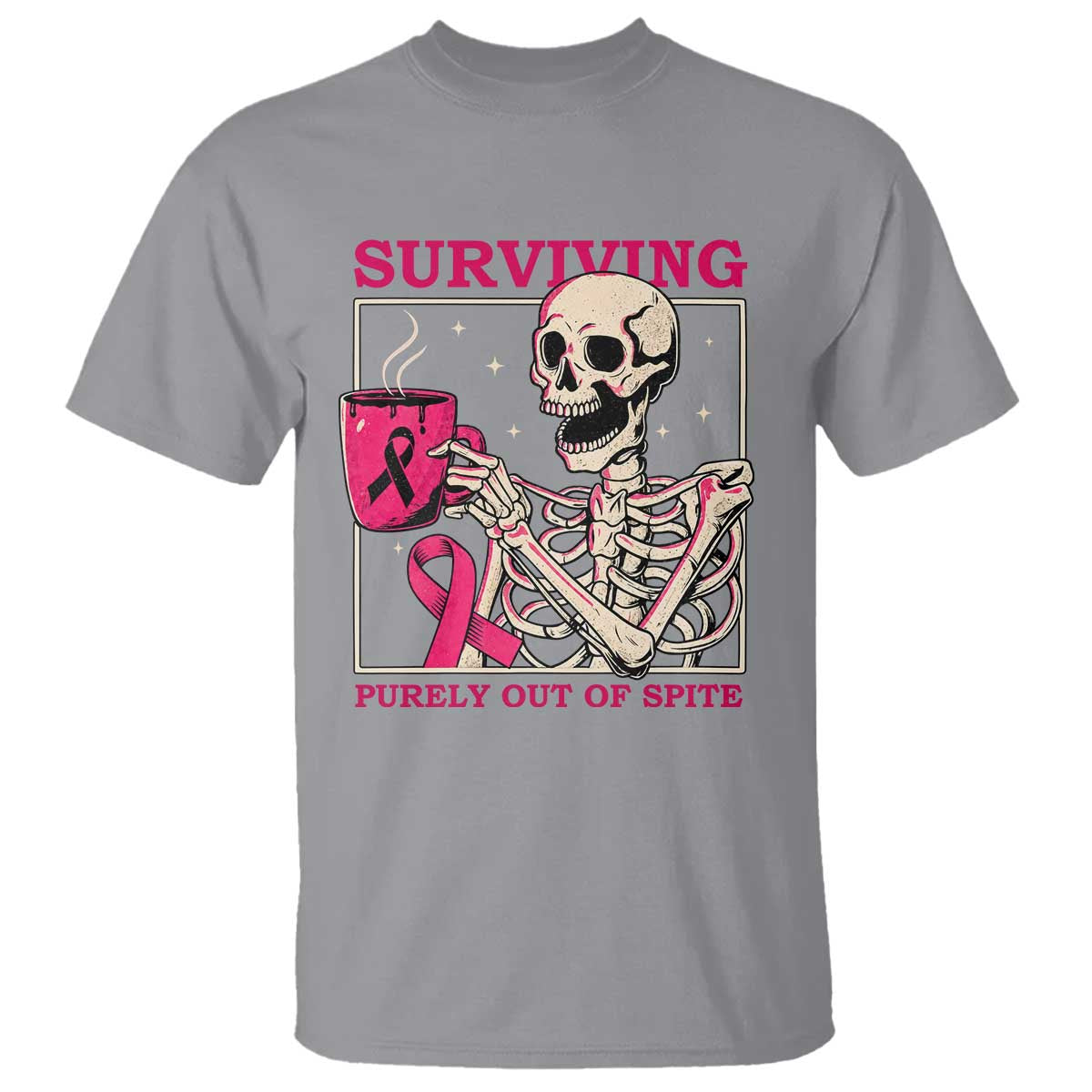 Funny Breast Cancer Skeleton Drinking Coffee T Shirt Surviving Purely Out Of Spite Pink Ribbon Warrior
