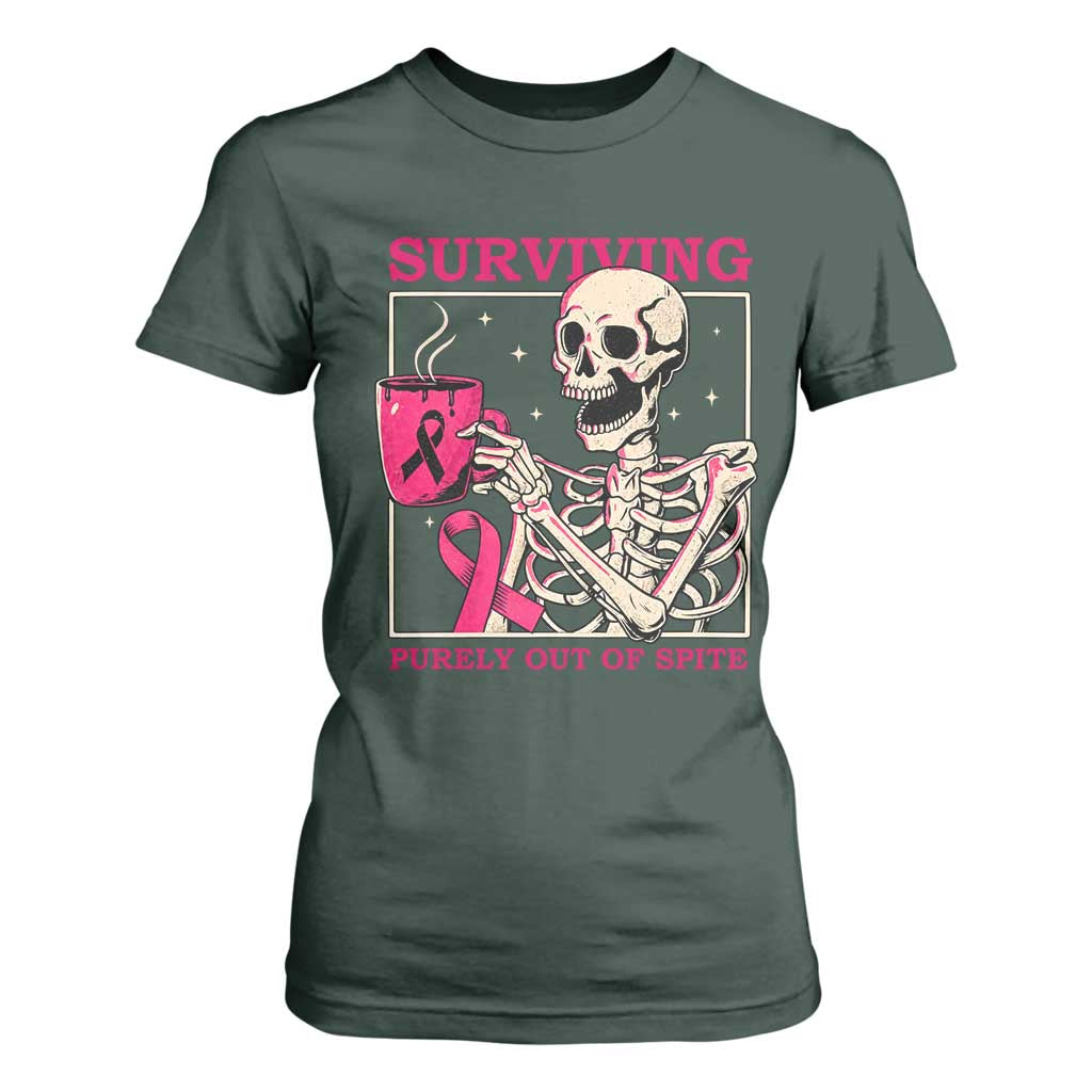 Funny Breast Cancer Skeleton Drinking Coffee T Shirt For Women Surviving Purely Out Of Spite Pink Ribbon Warrior