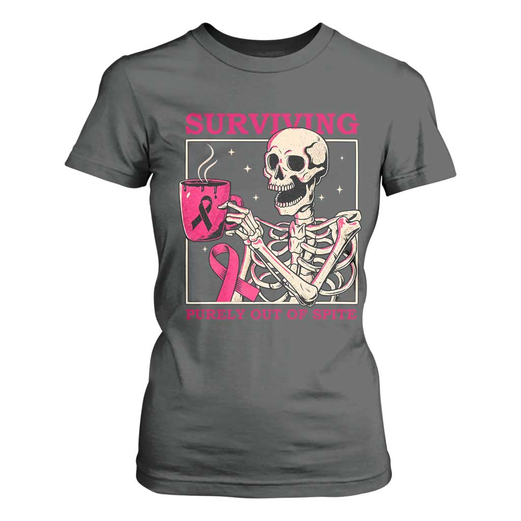 Funny Breast Cancer Skeleton Drinking Coffee T Shirt For Women Surviving Purely Out Of Spite Pink Ribbon Warrior