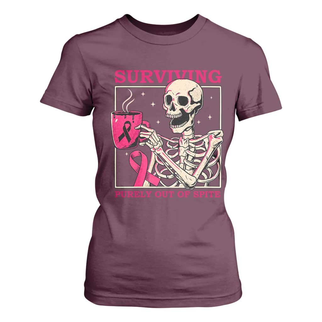 Funny Breast Cancer Skeleton Drinking Coffee T Shirt For Women Surviving Purely Out Of Spite Pink Ribbon Warrior