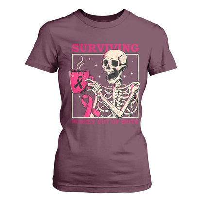 Funny Breast Cancer Skeleton Drinking Coffee T Shirt For Women Surviving Purely Out Of Spite Pink Ribbon Warrior