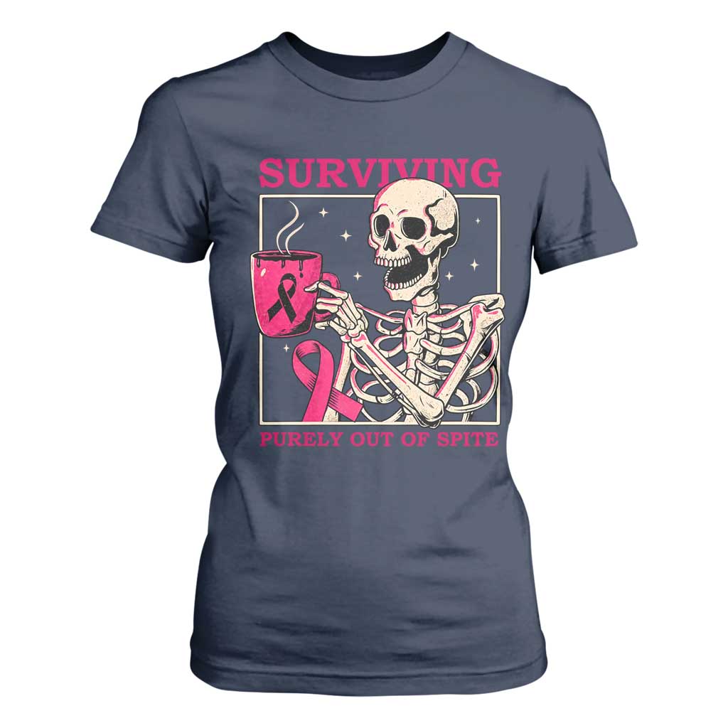 Funny Breast Cancer Skeleton Drinking Coffee T Shirt For Women Surviving Purely Out Of Spite Pink Ribbon Warrior