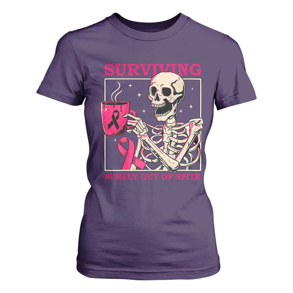 Funny Breast Cancer Skeleton Drinking Coffee T Shirt For Women Surviving Purely Out Of Spite Pink Ribbon Warrior