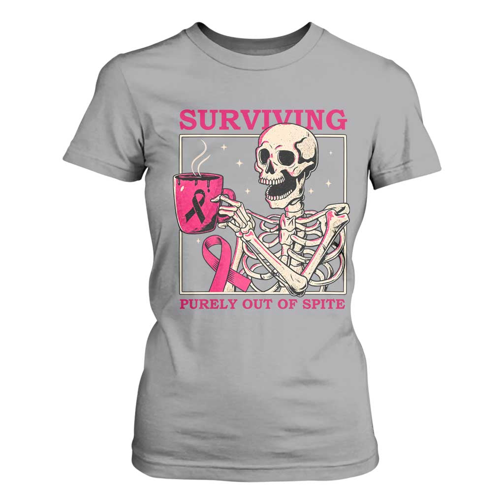 Funny Breast Cancer Skeleton Drinking Coffee T Shirt For Women Surviving Purely Out Of Spite Pink Ribbon Warrior