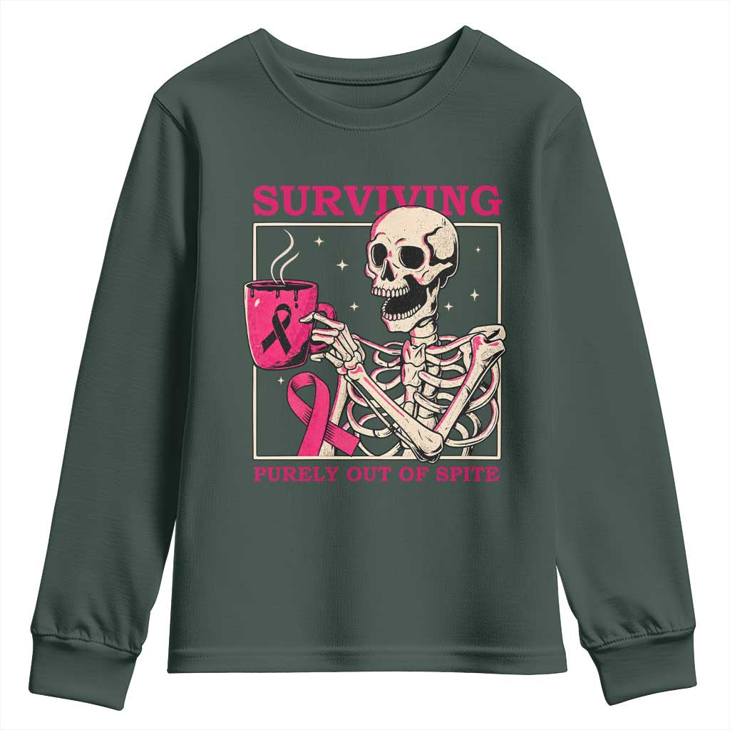 Funny Breast Cancer Skeleton Drinking Coffee Youth Sweatshirt Surviving Purely Out Of Spite Pink Ribbon Warrior