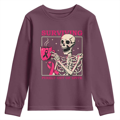 Funny Breast Cancer Skeleton Drinking Coffee Youth Sweatshirt Surviving Purely Out Of Spite Pink Ribbon Warrior