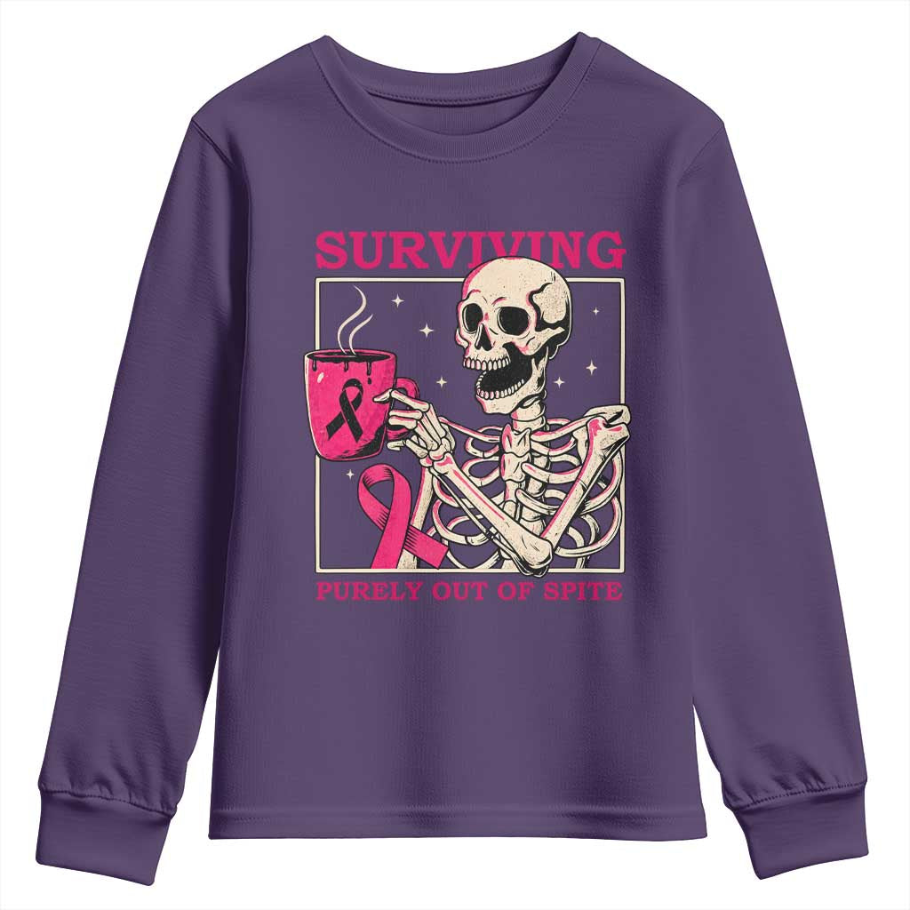 Funny Breast Cancer Skeleton Drinking Coffee Youth Sweatshirt Surviving Purely Out Of Spite Pink Ribbon Warrior
