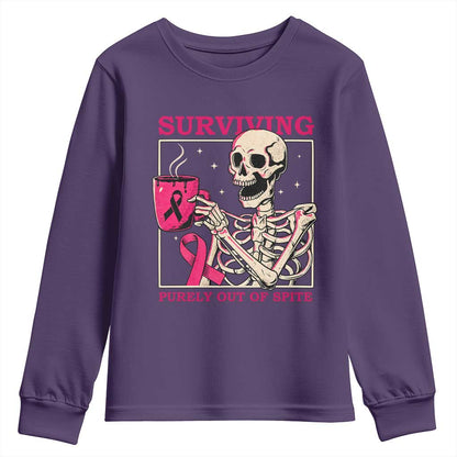 Funny Breast Cancer Skeleton Drinking Coffee Youth Sweatshirt Surviving Purely Out Of Spite Pink Ribbon Warrior