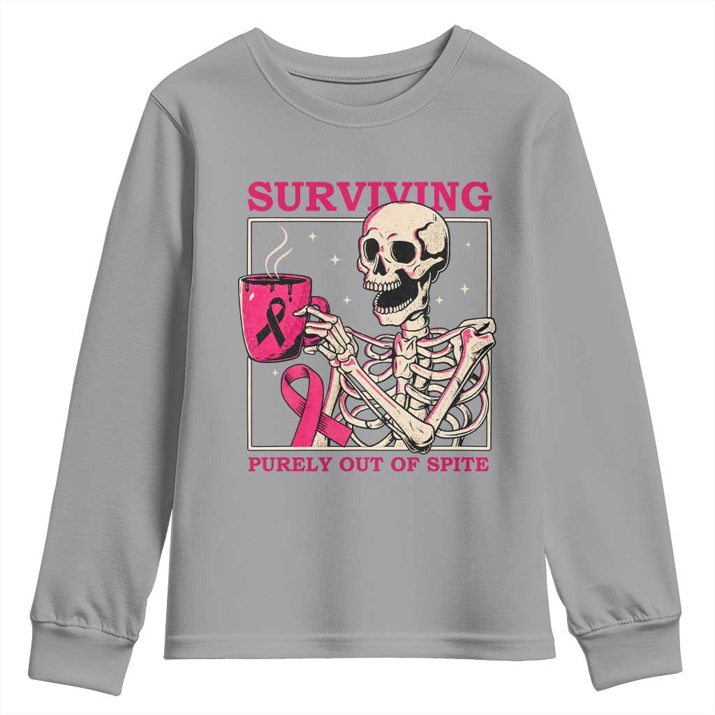 Funny Breast Cancer Skeleton Drinking Coffee Youth Sweatshirt Surviving Purely Out Of Spite Pink Ribbon Warrior