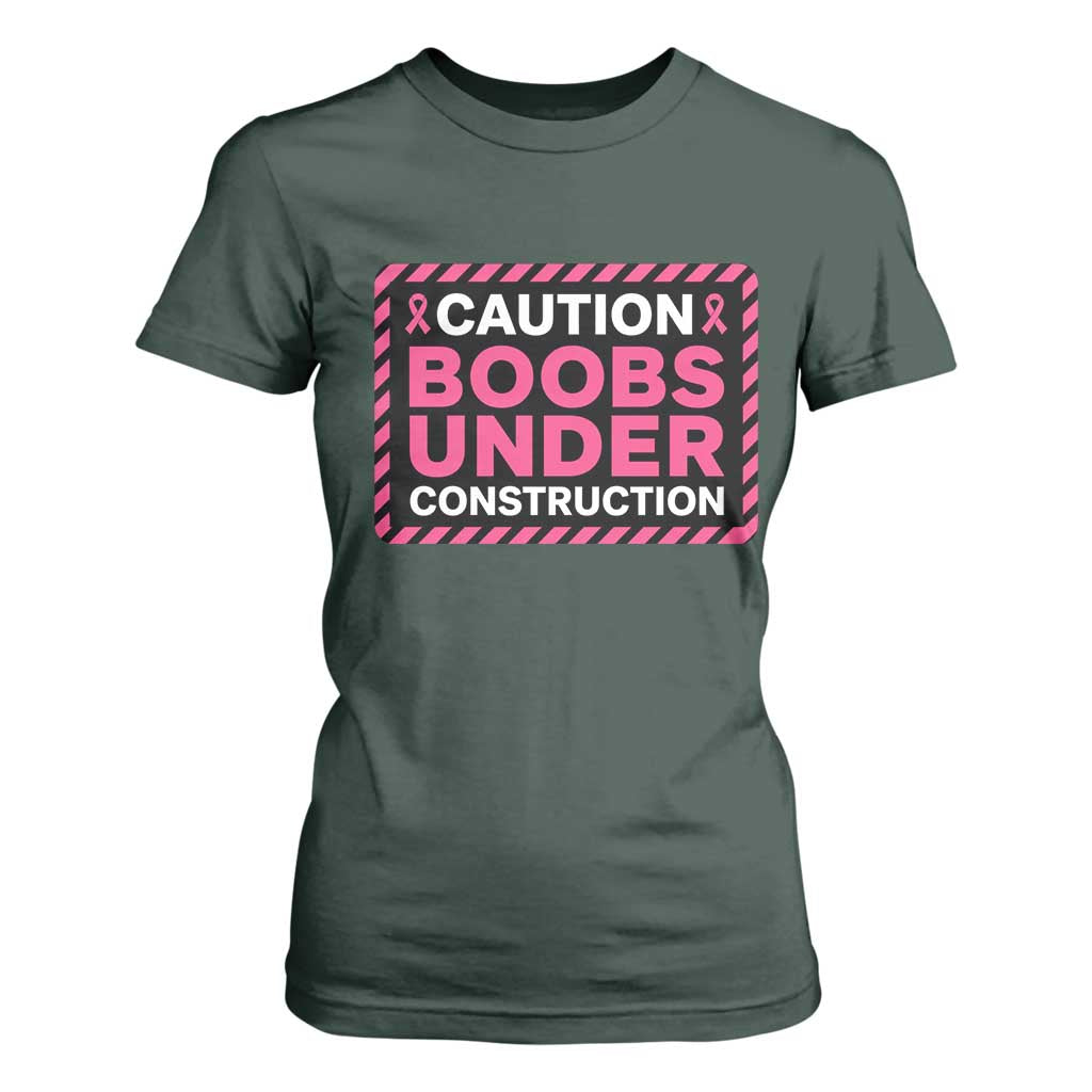 Funny Breast Cancer Surgery Mastectomy T Shirt For Women Caution Boobs Under Construction Pink Ribbon Warrior