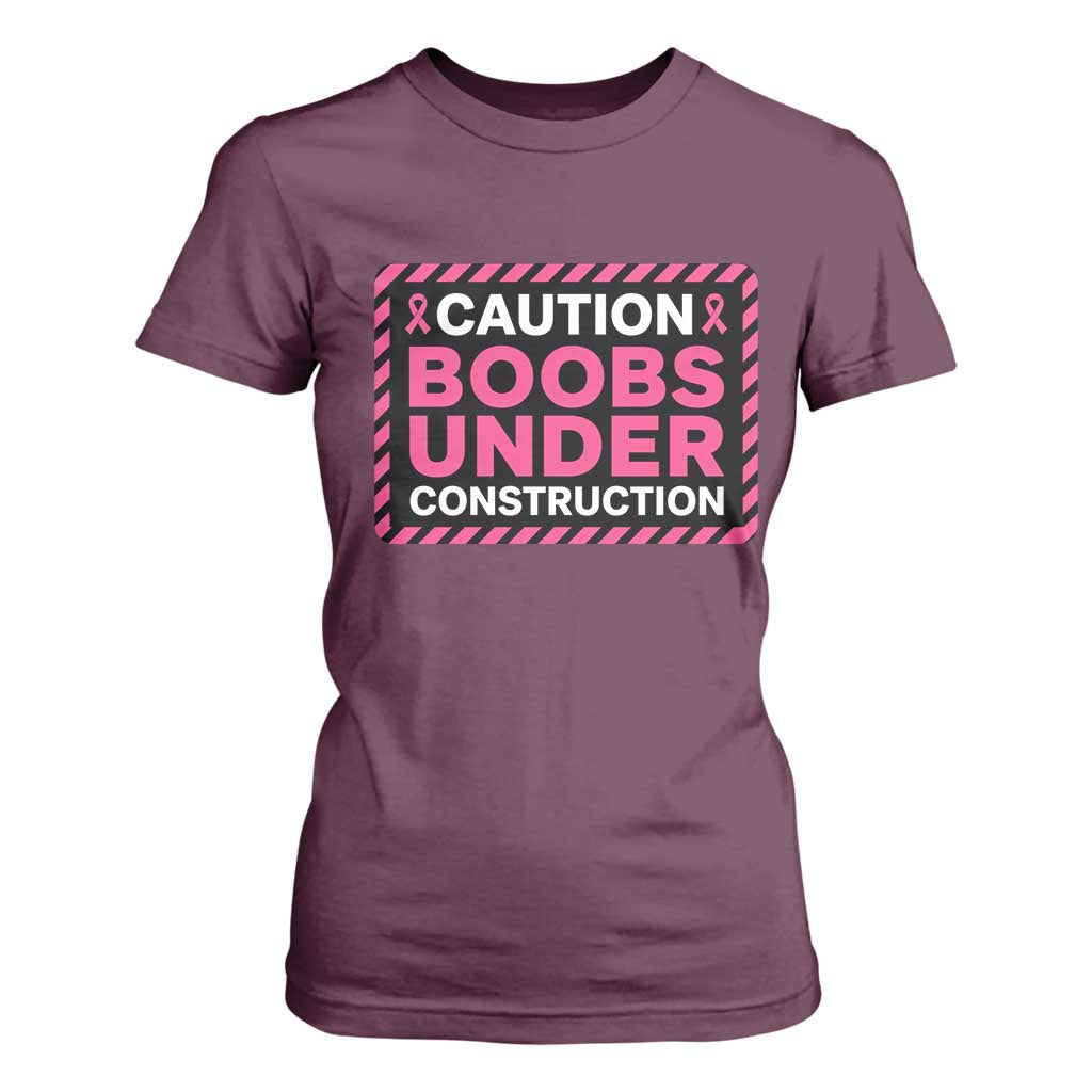 Funny Breast Cancer Surgery Mastectomy T Shirt For Women Caution Boobs Under Construction Pink Ribbon Warrior